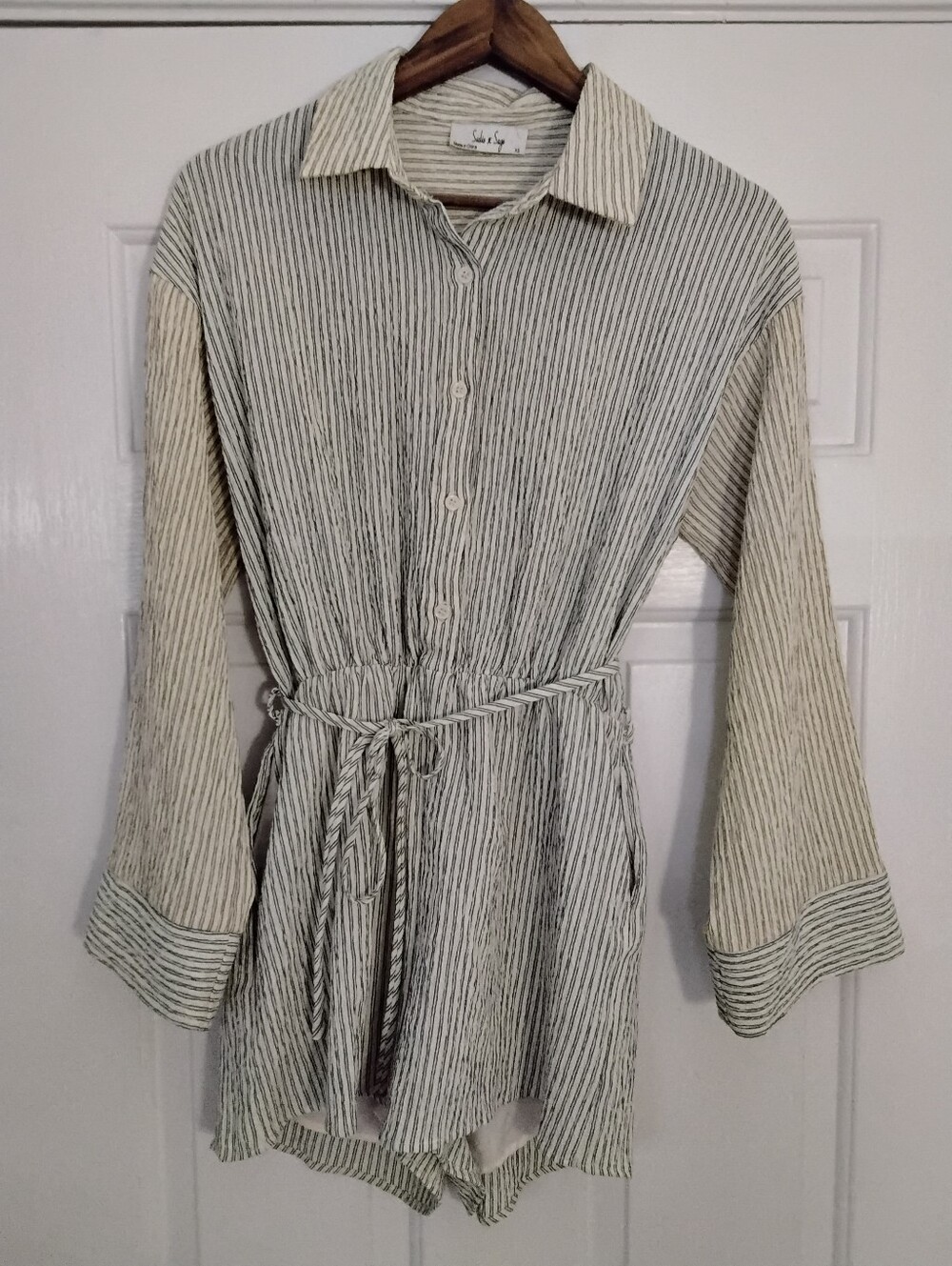 Sadie & Sage Light Green Striped Button Romper with Belt